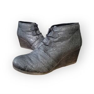 Toms Kala Black Sparkle Lace Up Wedge Booties Size 8